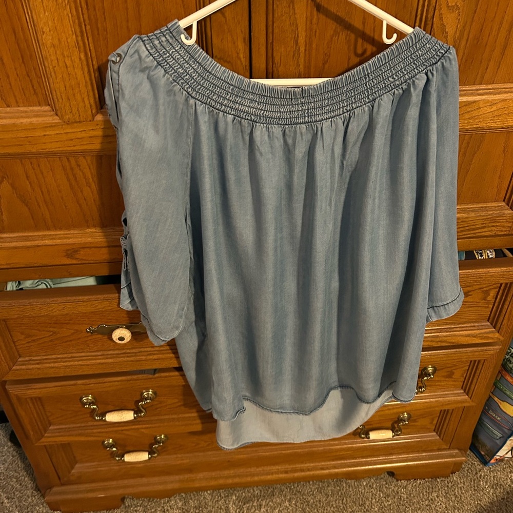 Westport Light Blue Off-Shoulder Smocked Neck Blouse